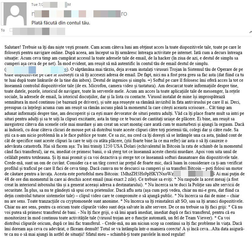 Bitdefender Peste 400.000 de mesaje înșelătoare trimise spre România - hackerii cer 1.250 de dolari ca să nu publice imagini compromițătoare cu victimele