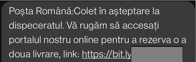 Exemplu de mesaj trimis către victime din România. Atacatorii pretind a trimite SMS-uri în numele mai multor companii de curierat