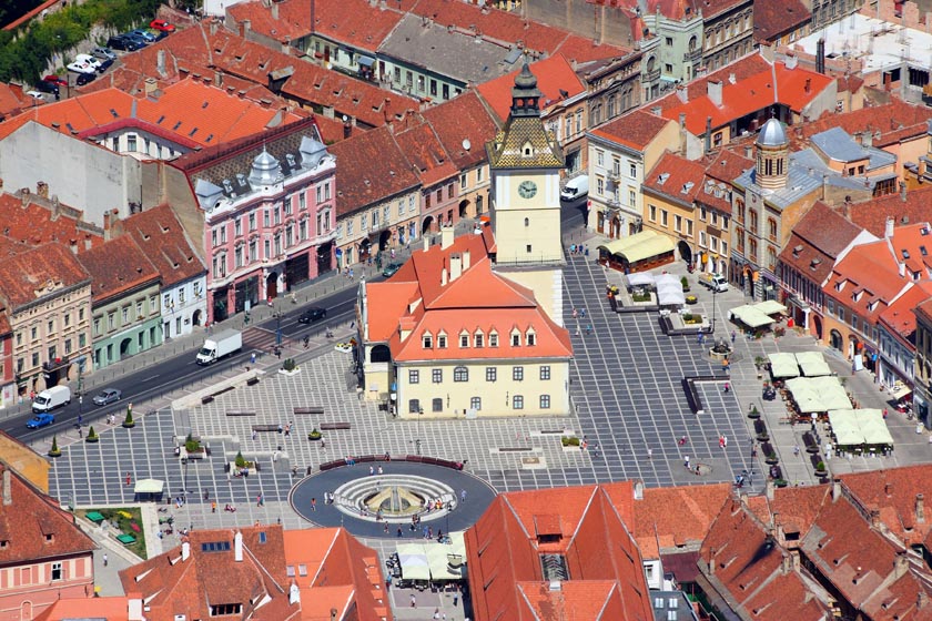 Brasov, town in Transylvania, Romania. Aerial view of the Old Town - famous Sfatului square.