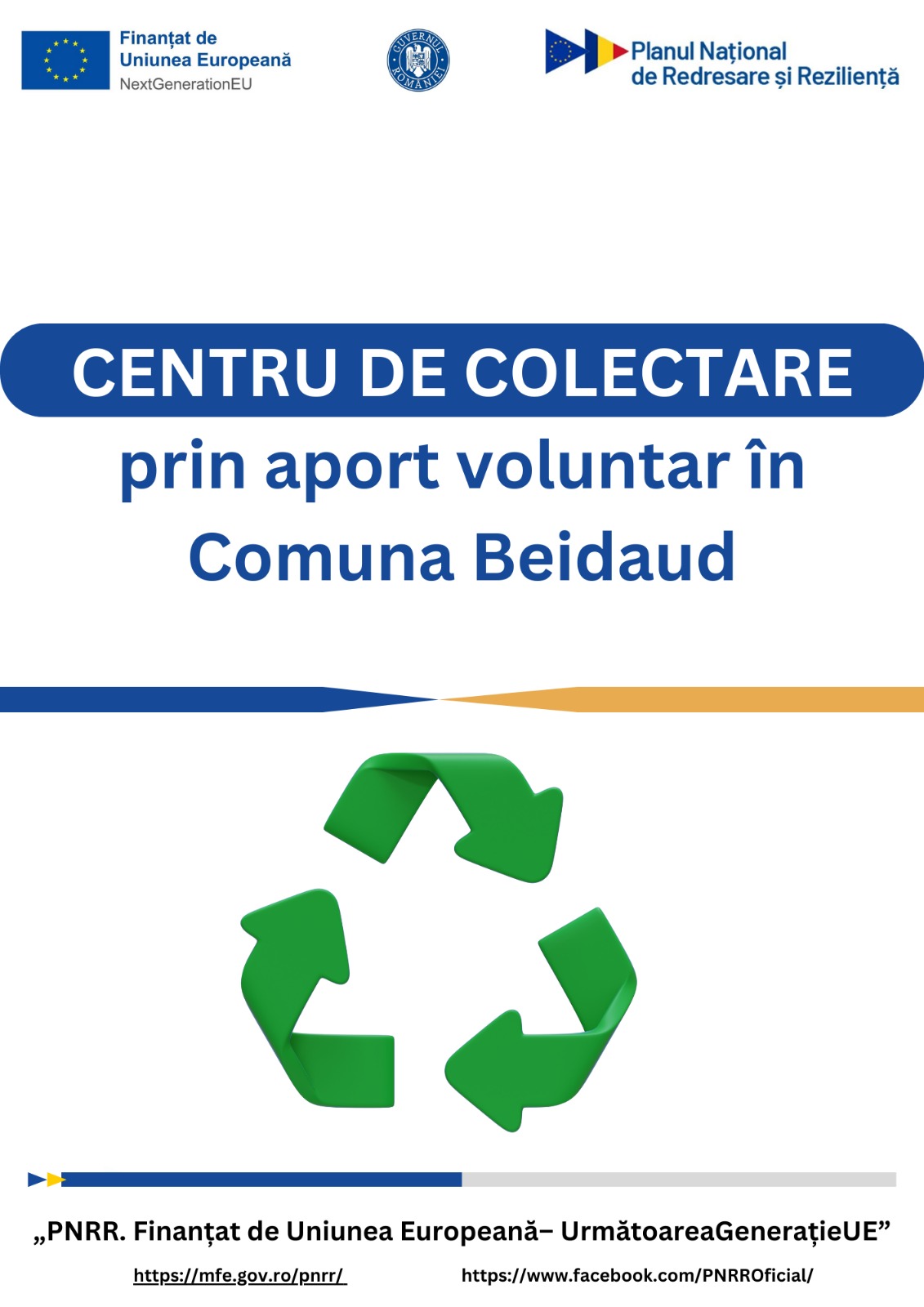 PNRR Fonduri europene pentru România modernă și reformată Înființare centru de colectare prin aport voluntar în comuna Beidaud, județul Tulcea Cod proiect C3I1A0122000064 COVER ZP