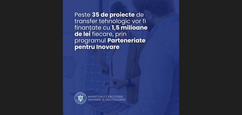 Peste 35 de proiecte de transfer tehnologic vor fi finanțate cu 1,5 milioane de lei fiecare, prin programul Parteneriate pentru Inovare cover ZP