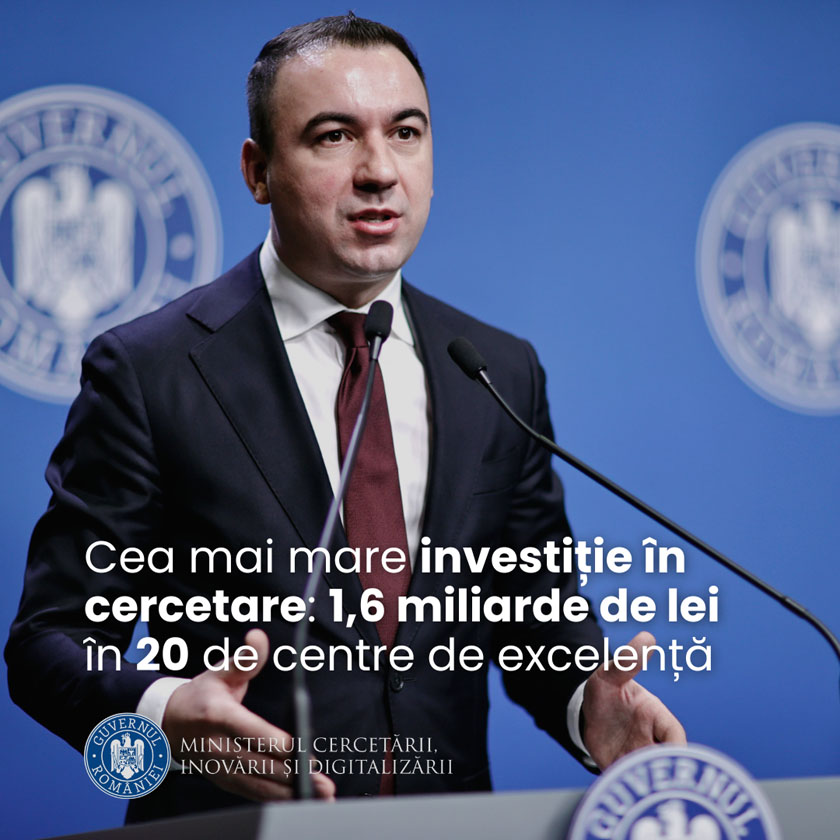 Vizual - MCID anunță cea mai mare investiție făcută vreodată în cercetarea românească 20 de centre de excelență în cercetare vor fi finanțate cu 1,6 miliarde de lei