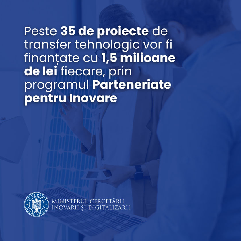 Vizual Peste 35 de proiecte de transfer tehnologic vor fi finanțate cu 1,5 milioane de lei fiecare, prin programul Parteneriate pentru Inovare