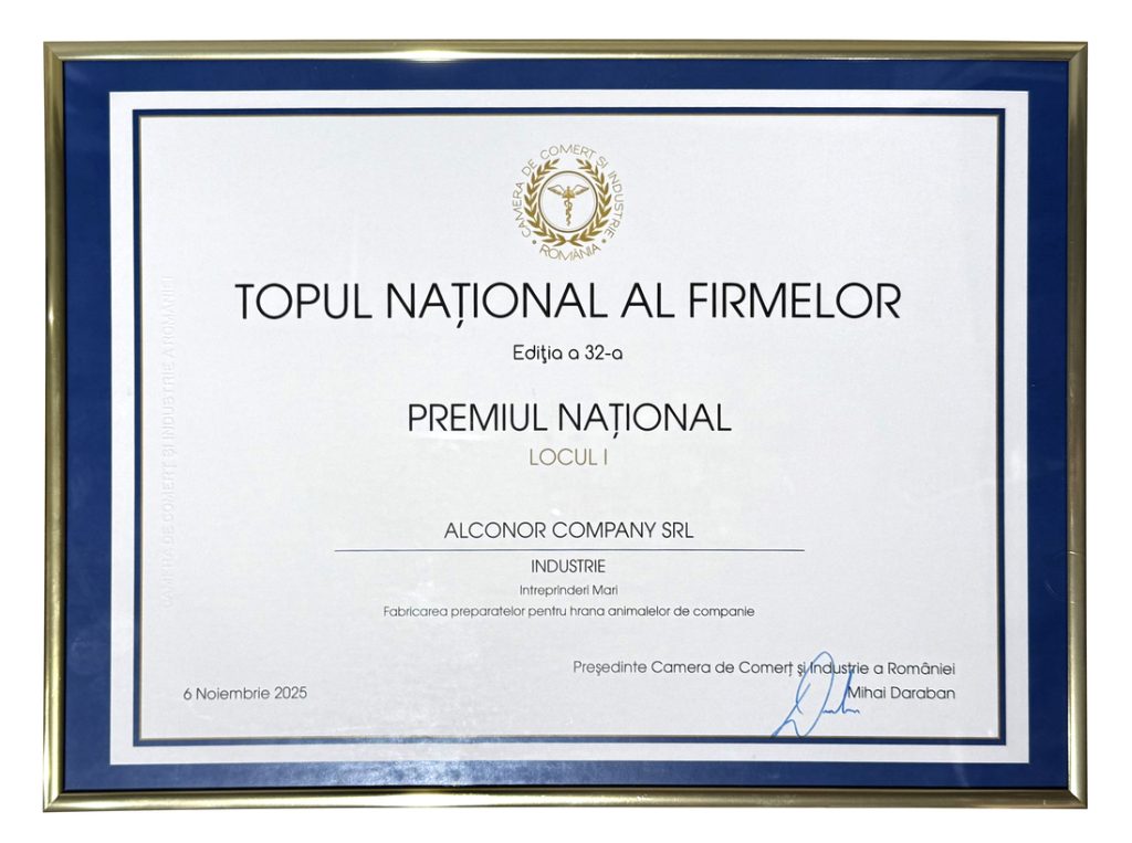 Diploma Alconor Company – Premiul Național, Locul I, Topul Național al Firmelor 2025