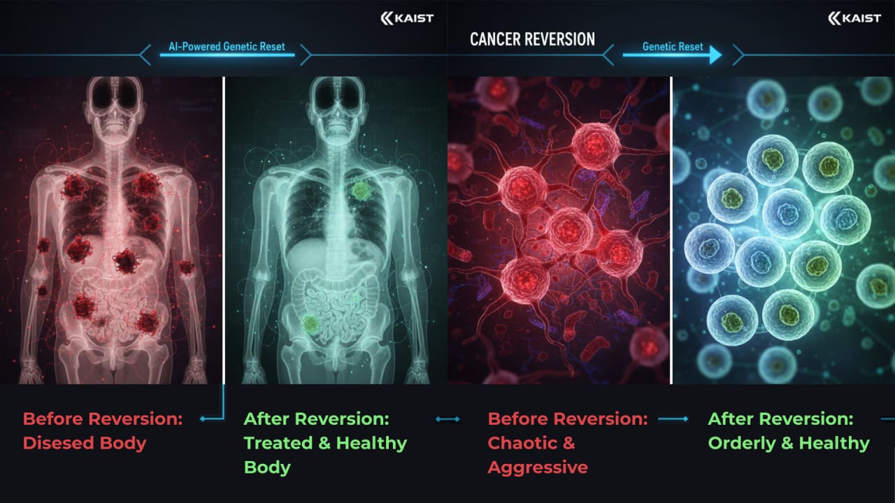 Ilustrație medicală care arată reversia cancerului: celule canceroase agresive transformate în celule sănătoase prin reeducare genetică