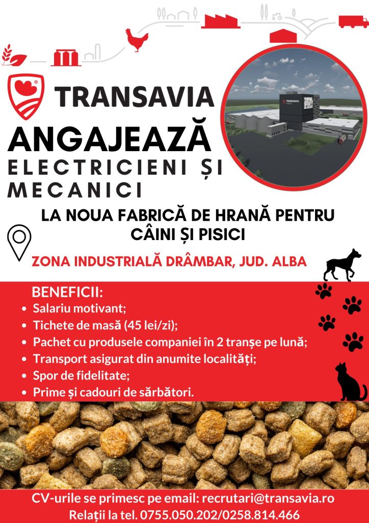 anunt angajare TRANSAVIA angajează pentru noua fabrică de hrană pentru animale de companie din Alba