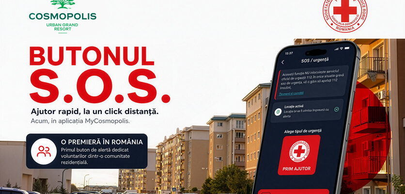 FOTO Butonul SOS in aplicatia MyCosmopolis Premieră în România rezidenții din Cosmopolis pot primi ajutor de urgență printr-o rețea locală de voluntari Crucea Roșie