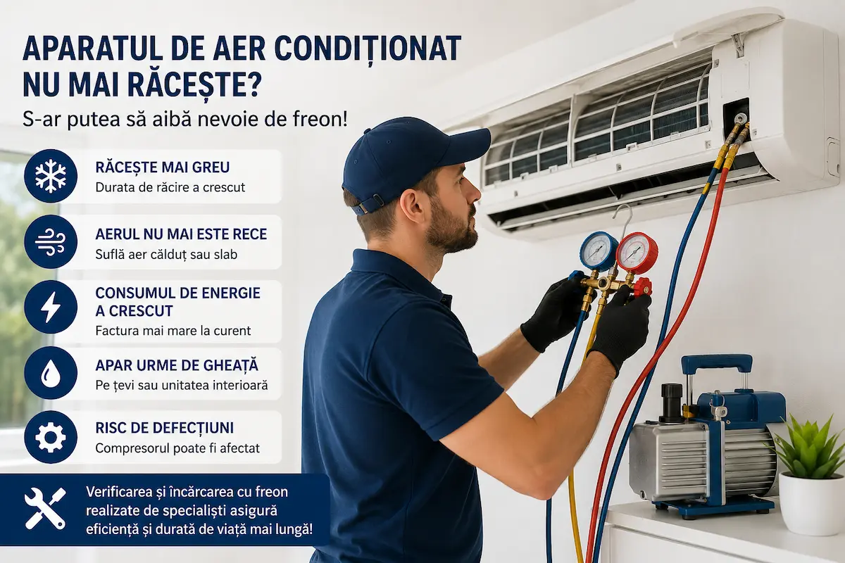Tehnician verifică un aparat de aer condiționat care nu mai răcește eficient și necesită încărcare cu freon