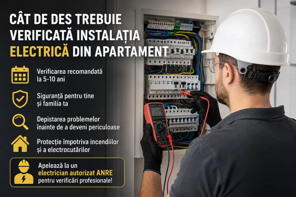 Electrician autorizat ANRE verifică tabloul electric și instalația electrică dintr-un apartament.