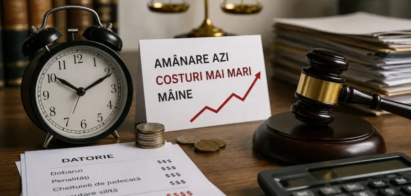 Documente juridice, ceas și calculator ilustrând costurile financiare generate de amânarea rezolvării unui litigiu civil