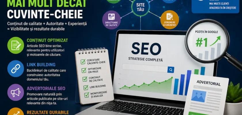 Ilustrație despre SEO modern, cu laptop afișând o strategie SEO, elemente de link building, advertoriale SEO, conținut optimizat și creșterea pozițiilor în Google.