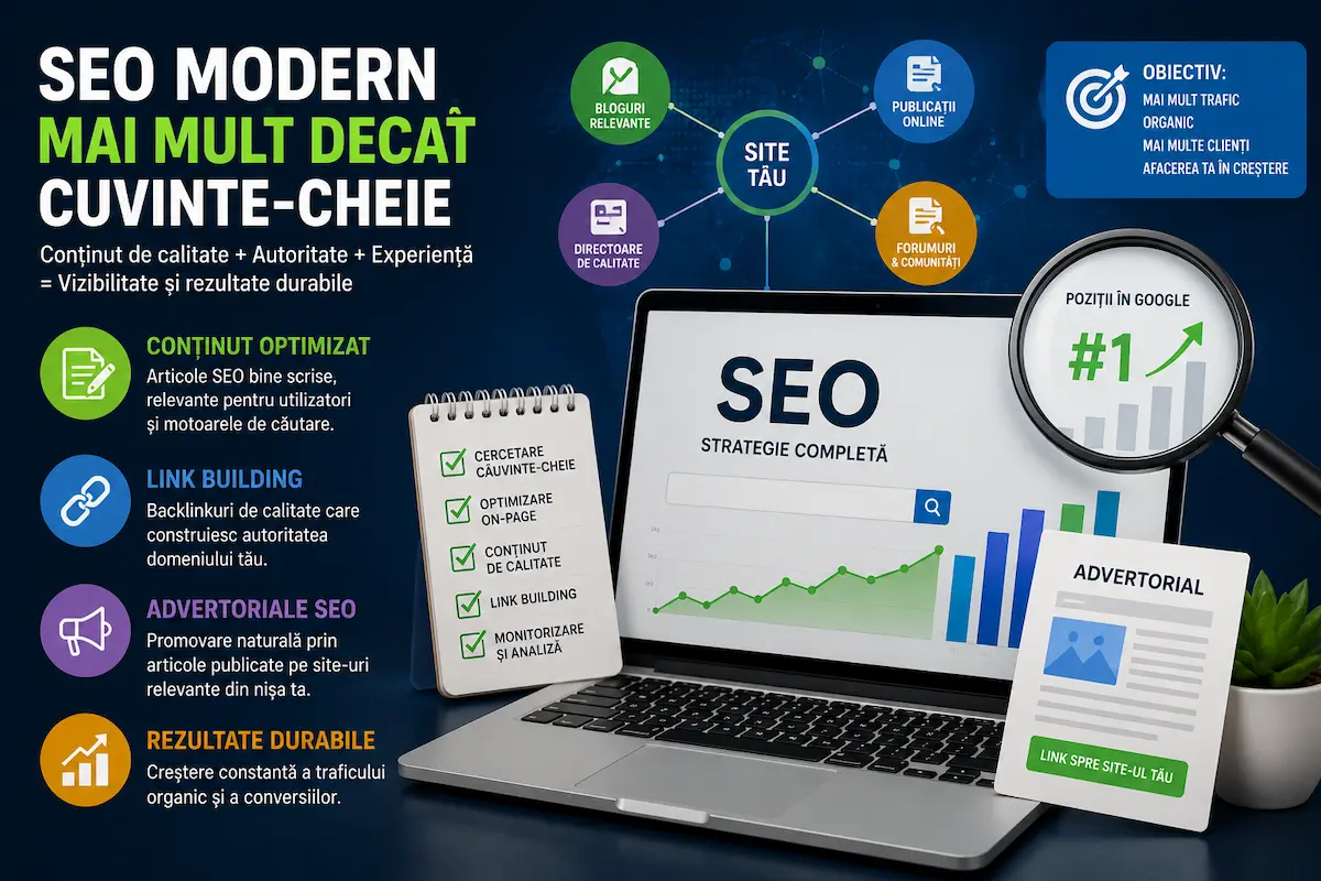 Ilustrație despre SEO modern, cu laptop afișând o strategie SEO, elemente de link building, advertoriale SEO, conținut optimizat și creșterea pozițiilor în Google.
