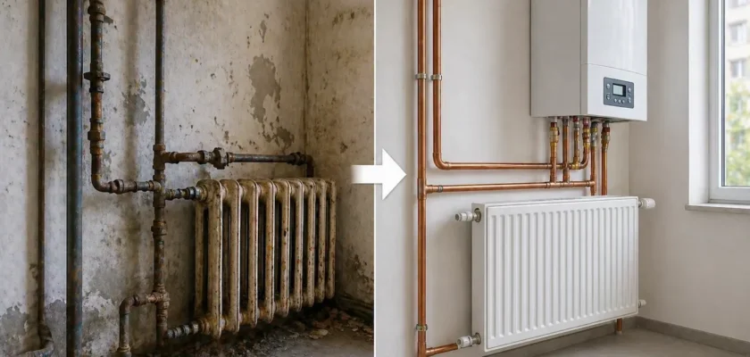 Instalație termică veche într-un apartament din București, cu țevi și calorifere uzate care necesită înlocuire completă