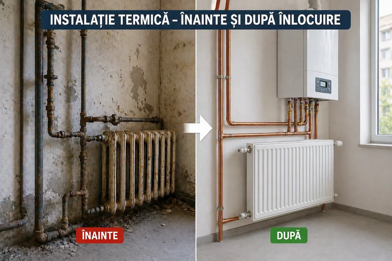 Instalație termică veche într-un apartament din București, cu țevi și calorifere uzate care necesită înlocuire completă