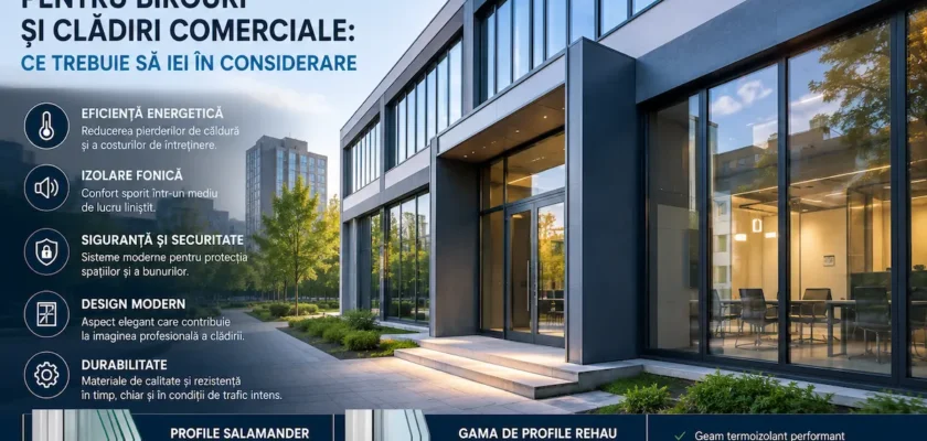 Clădire modernă de birouri cu suprafețe vitrate mari și sisteme termopan eficiente energetic, realizate cu profile Salamander și Rehau