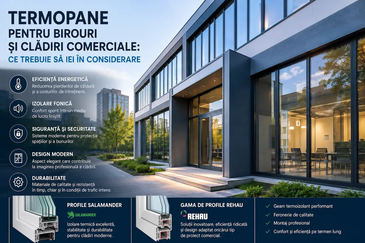 Clădire modernă de birouri cu suprafețe vitrate mari și sisteme termopan eficiente energetic, realizate cu profile Salamander și Rehau